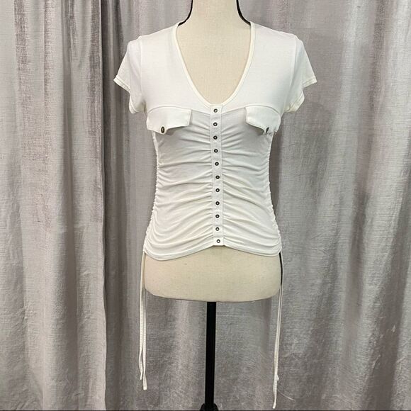 SHARAGANO Ruched Stretchy White Bodycon Button Top - Picture 3 of 7